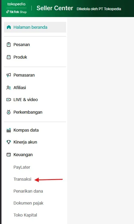 Cara Buka Menu Keuangan Transaksi di TikTok Shop Seller Center