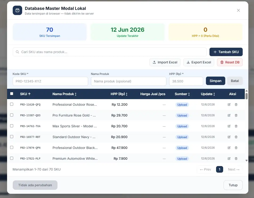 Database Master Modal Lokal RekapCepat — kelola HPP per SKU permanen tanpa upload ulang