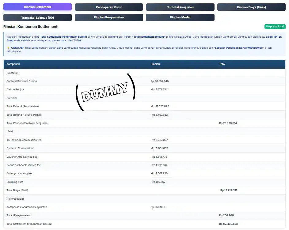 Ringkasan settlement: potongan, fee, dan total penerimaan