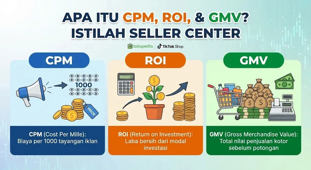 Panduan lengkap istilah CPM, ROI, GMV, ROAS, CTR, CVR untuk seller Tokopedia dan TikTok Shop