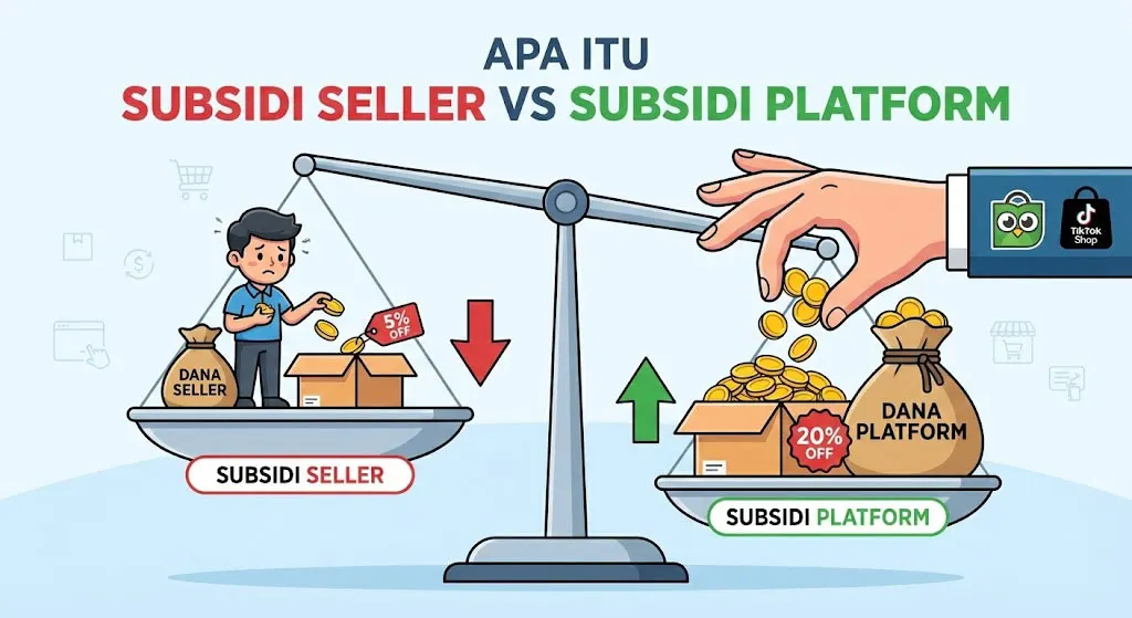 Infografis perbedaan subsidi seller dan subsidi platform di Tokopedia dan TikTok Shop