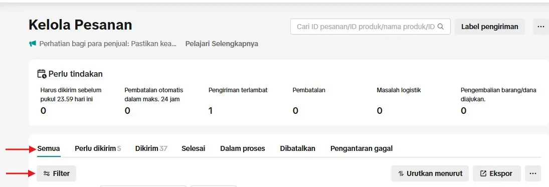Filter Pesanan Tab Semua di TikTok Shop Seller Center