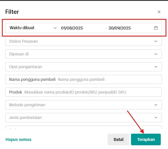 Atur Rentang Waktu Filter Data Order di TikTok Shop