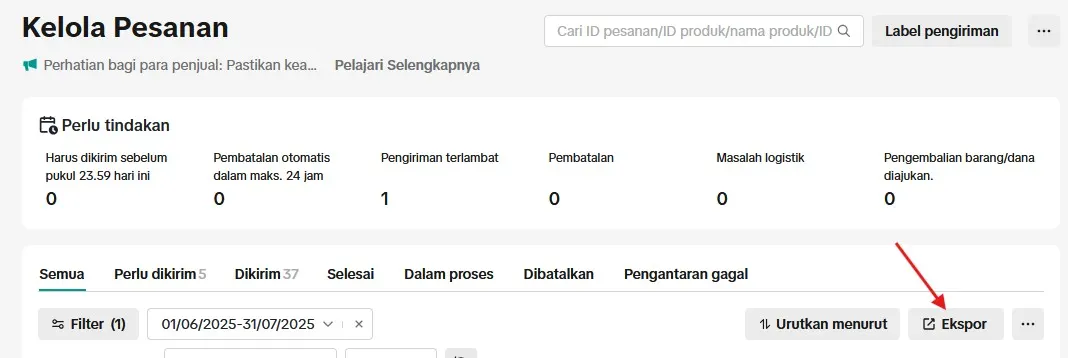 Klik Tombol Ekspor Data Order di TikTok Shop Seller Center