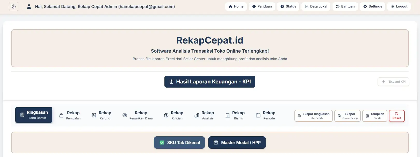Dark mode RekapCepat — tampilan gelap aplikasi analisis profit toko online