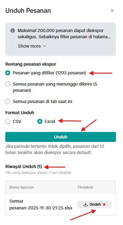 Pilih Format Excel dan Unduh Data Order dari TikTok Shop