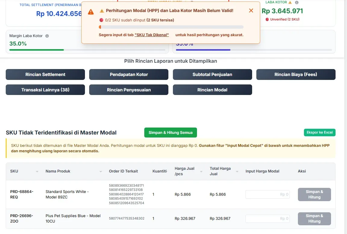Input SKU manual untuk mengisi harga modal di RekapCepat