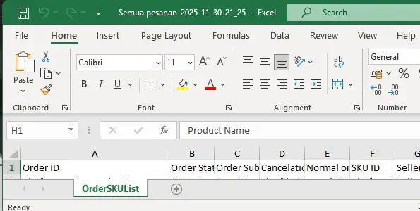 Contoh File Excel Data Order Pesanan TikTok Shop yang Sudah Diunduh
