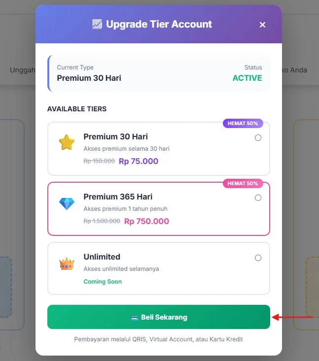 Upgrade via Halaman Homepage
