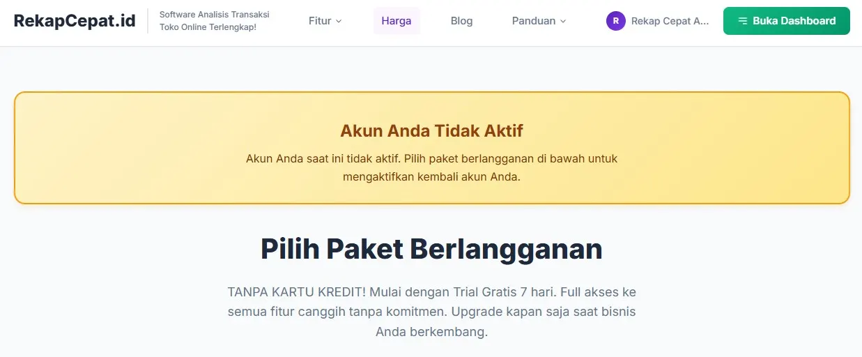 Redirect ke Halaman Harga saat Akun Expired