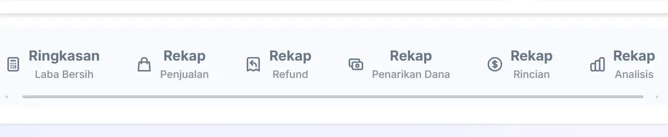 Tampilan tab rekap: ringkasan settlement, HPP, dan rincian laba