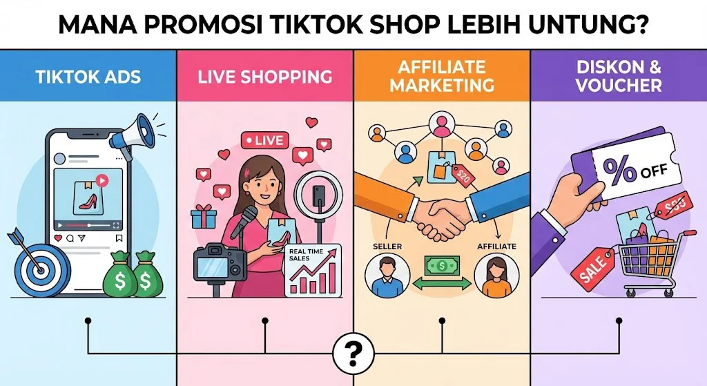 Perbandingan strategi promosi TikTok Shop: TikTok Ads, Live Shopping, Affiliate, dan Diskon
