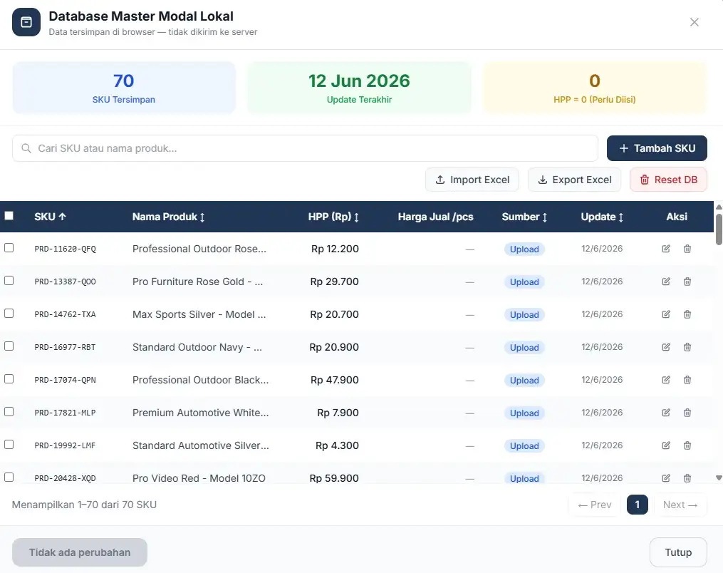 Database Master Modal Lokal RekapCepat — kelola HPP per SKU permanen di browser