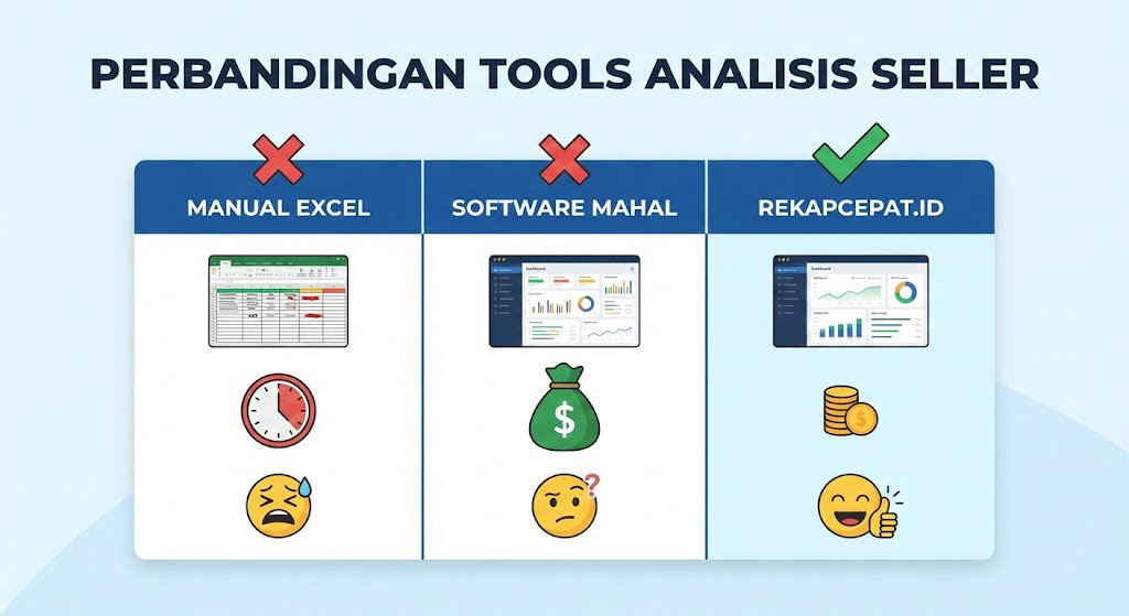 Perbandingan Tools Analisis Transaksi: RekapCepat vs Excel vs Jurnal vs Ginee