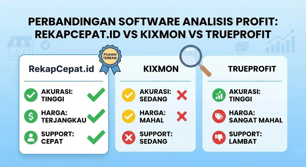 Perbandingan software analisis profit: RekapCepat.id vs Kixmon vs TrueProfit