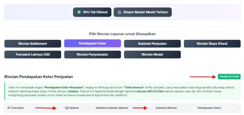 Dialog Ekspor Tabel ke Excel CSV dengan Pilih Kolom di RekapCepat